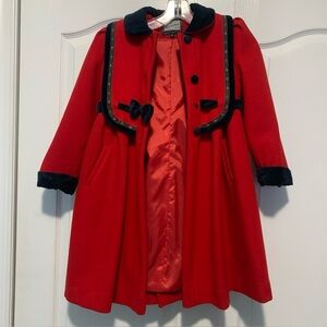 Vintage Rothschild Girls Size 6 Red 100% Wool Floral Trim Coat Mock Belt